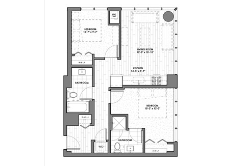 Floor plan for 1 bed, 2 baths, 825 sqft