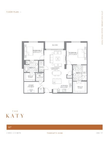 Floor plan for 2 beds, 1.5 baths, 1561 sqft