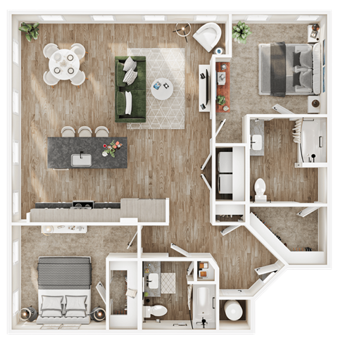 Floor plan for 2 beds, 2 baths, 1258 sqft
