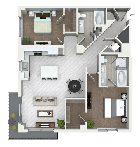 Floor plan for 2 beds, 2 baths, 1227 sqft