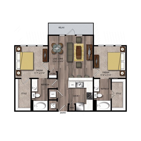 Floor plan for 2 beds, 2 baths, 1002 sqft