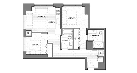 Floor plan for 1 bed, 2 baths, 895 sqft