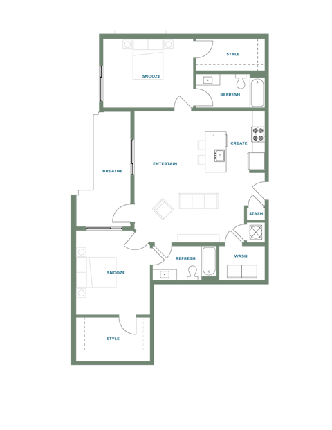 Floor plan for 2 beds, 2 baths, 1257 sqft