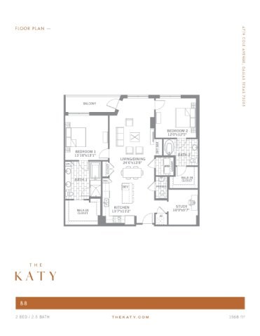 Floor plan for 2 beds, 1.5 baths, 1568 sqft