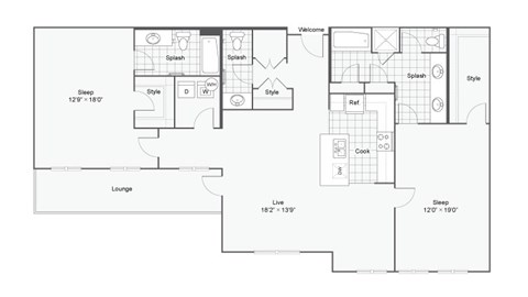 Floor plan for 2 beds, 2.5 baths, 1483 sqft