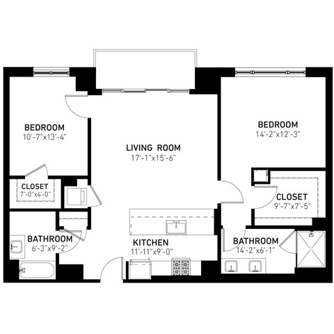 Floor plan for 2 beds, 2 baths, 1207 sqft