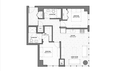Floor plan for 1 bed, 2 baths, 900 sqft