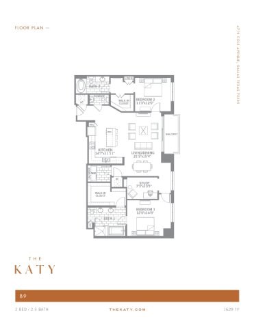 Floor plan for 2 beds, 1.5 baths, 1629 sqft