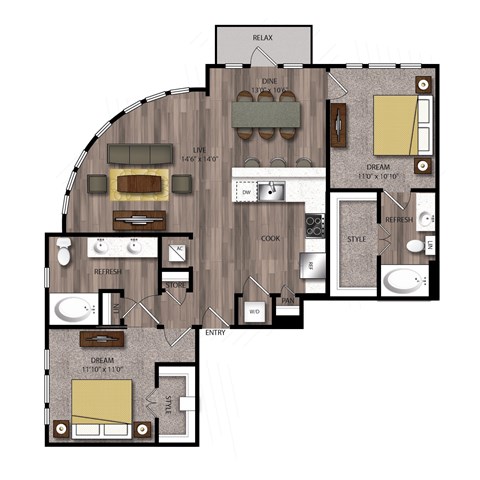Floor plan for 2 beds, 2 baths, 1185 sqft