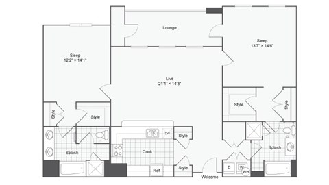 Floor plan for 2 beds, 2 baths, 1302 sqft