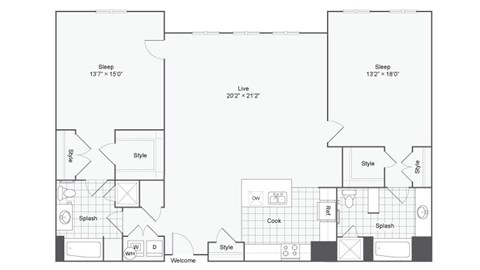 Floor plan for 2 beds, 2 baths, 1512 sqft