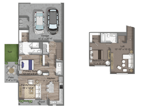 Floor plan for 2 beds, 2.5 baths, 1291 sqft