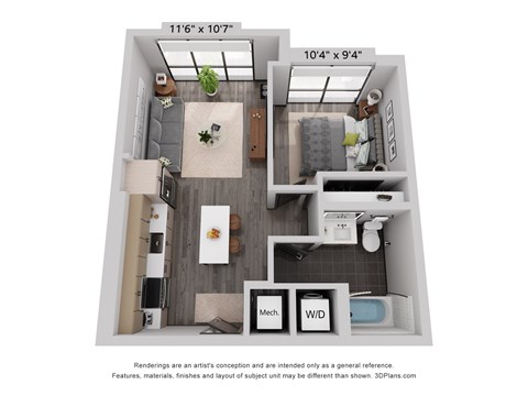 Floor plan for 1 bed, 1 bath, 568 sqft