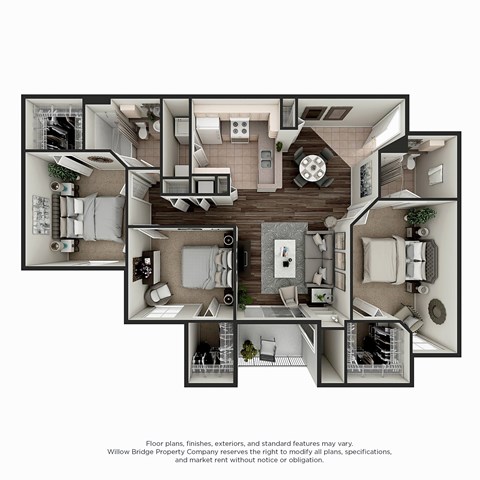 Floor plan for 3 beds, 2 baths, 1371 sqft