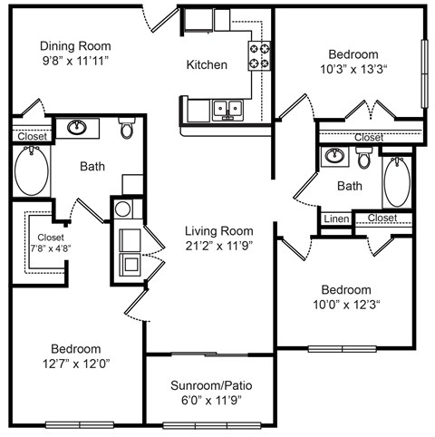 Floor plan for 3 beds, 2 baths, 1249 sqft