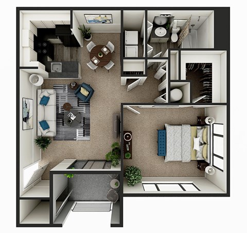Floor plan for 1 bed, 1 bath, 837 sqft