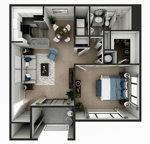 Floor plan for 1 bed, 1 bath, 837 sqft