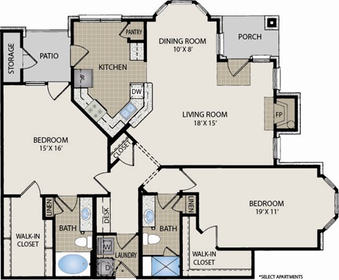 Floor plan for 2 beds, 2 baths, 1391 sqft