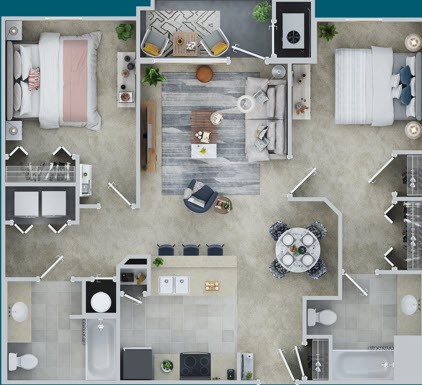 Floor plan for 2 beds, 2 baths, 1020 sqft