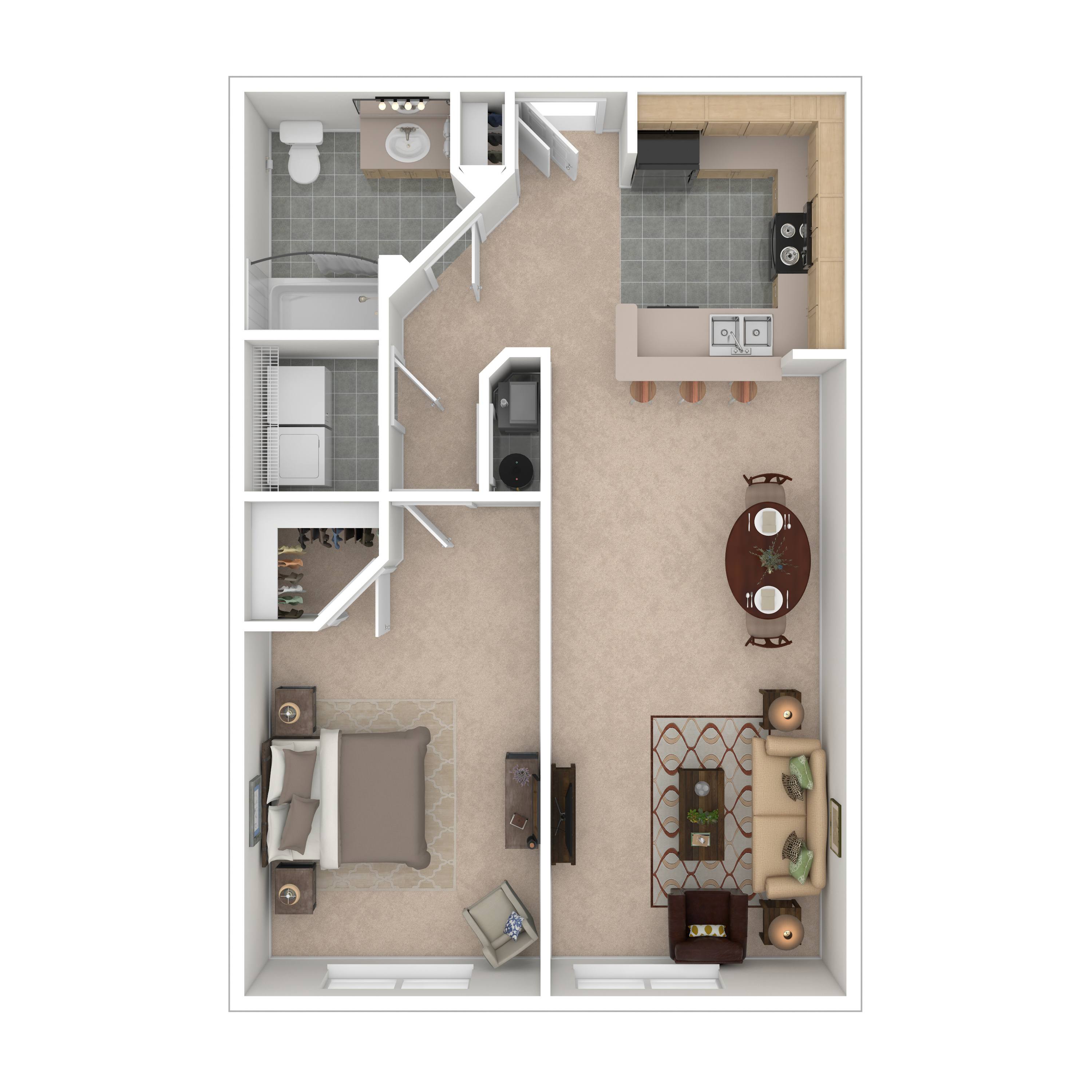 Floor plan for 1 bed, 1 bath, 849 sqft