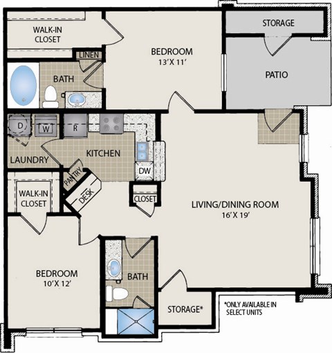 Floor plan for 2 beds, 2 baths, 969 sqft