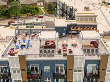 Rooftop deck with lake and minneapolis skyline views