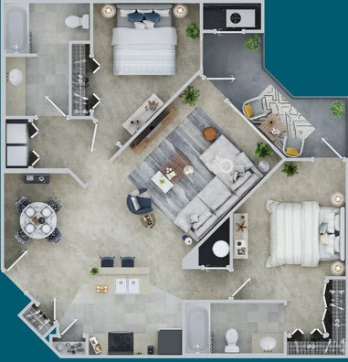 Floor plan for 2 beds, 2 baths, 1226 sqft
