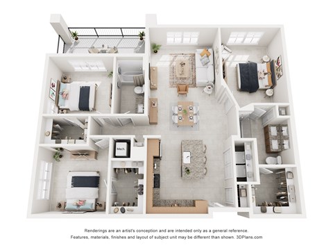 Floor plan for 3 beds, 2 baths, 1413 sqft