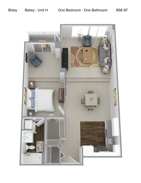 Floor plan for 1 bed, 1 bath, 853 sqft
