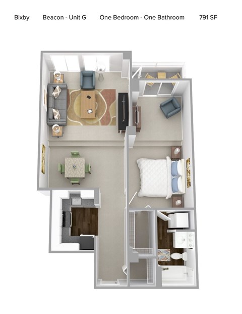 Floor plan for 1 bed, 1 bath, 791 sqft