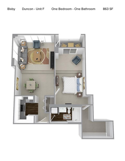 Floor plan for 1 bed, 1 bath, 863 sqft