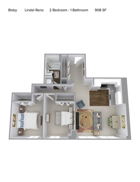 Floor plan for 2 beds, 1 bath, 908 sqft