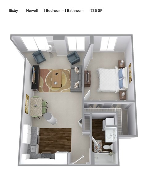 Floor plan for 1 bed, 1 bath, 735 sqft