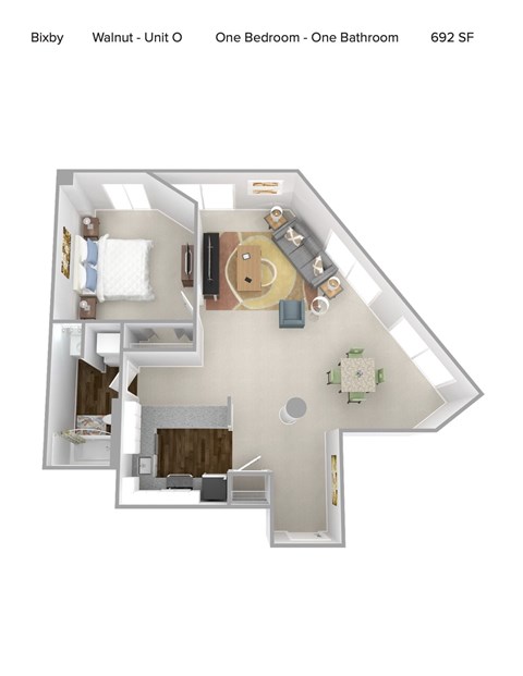 Floor plan for 1 bed, 1 bath, 692 sqft