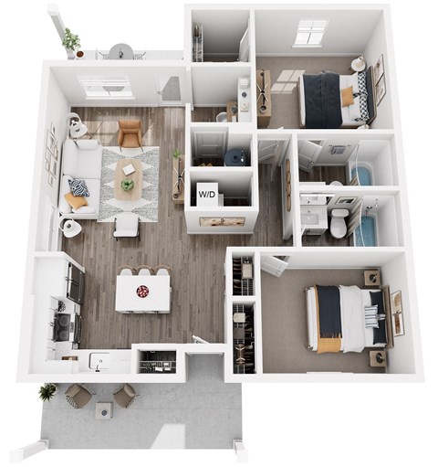 Floor plan for 2 beds, 2 baths, 1001 sqft