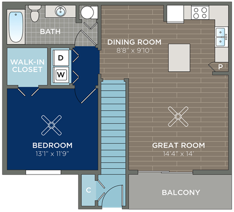 Floor plan for 1 bed, 1 bath, 847 sqft