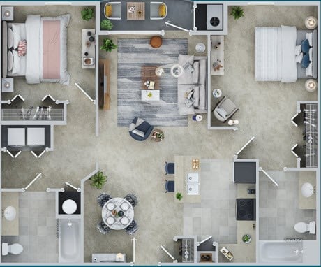 Floor plan for 2 beds, 2 baths, 1124 sqft