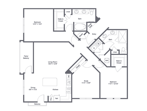 Floor plan for 3 beds, 2 baths, 1452 sqft