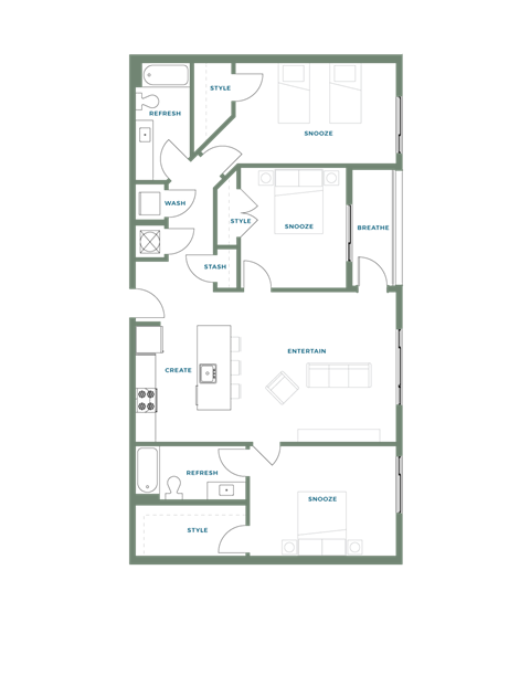 Floor plan for 3 beds, 2 baths, 1408 sqft