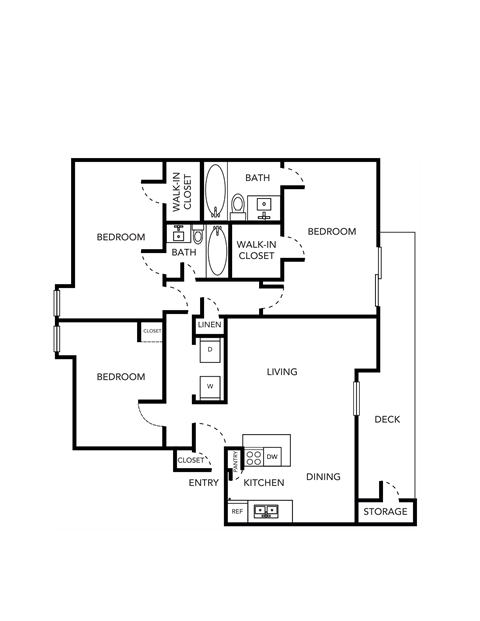 Floor plan for 3 beds, 2 baths, 1160 sqft