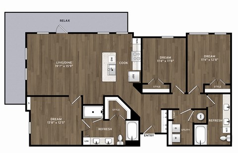 Floor plan for 3 beds, 2 baths, 1480 sqft