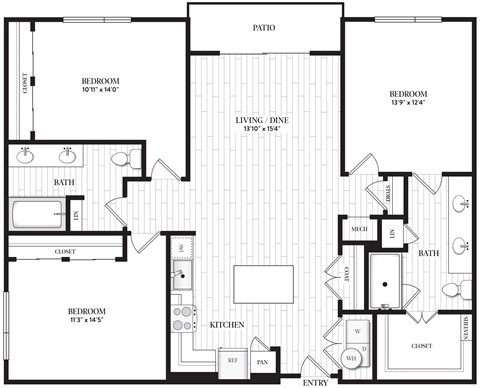 Floor plan for 3 beds, 2 baths, 1331 sqft