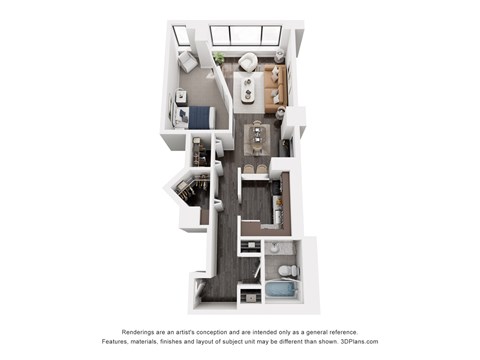 Floor plan for 1 bed, 1 bath, 664 sqft