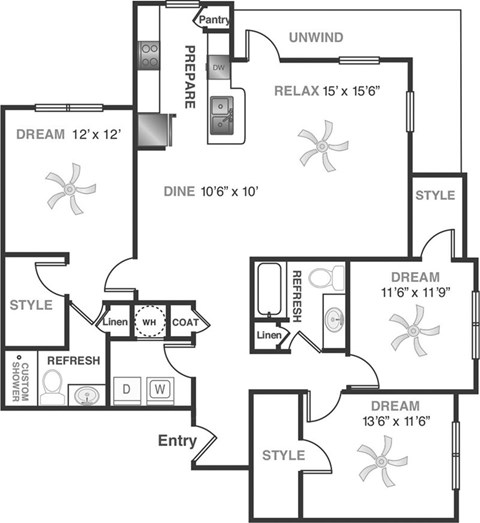 Floor plan for 3 beds, 2 baths, 1515 sqft