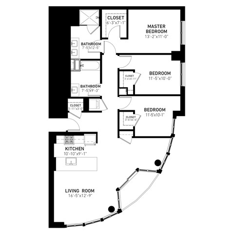 Floor plan for 3 beds, 2 baths, 1464 sqft
