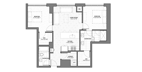 Floor plan for 2 beds, 2 baths, 975 sqft