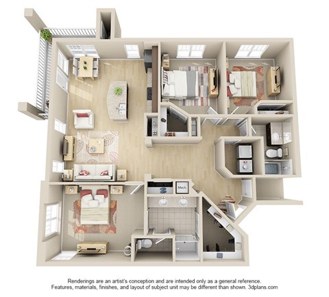 Floor plan for 3 beds, 2 baths, 1415 sqft