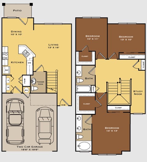 Floor plan for 3 beds, 2.5 baths, 1612 sqft