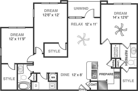 Floor plan for 3 beds, 2 baths, 1375 sqft