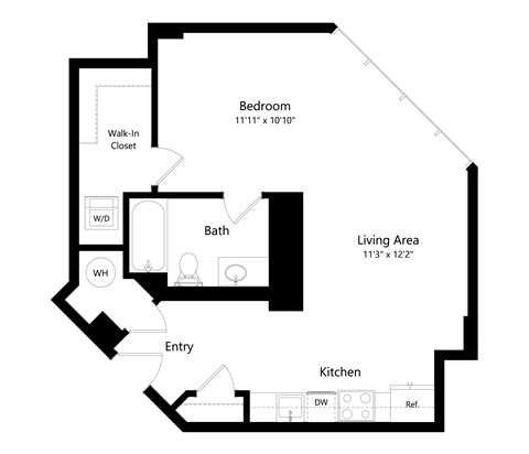 Floor plan for studio, 1 bath, 605 sqft